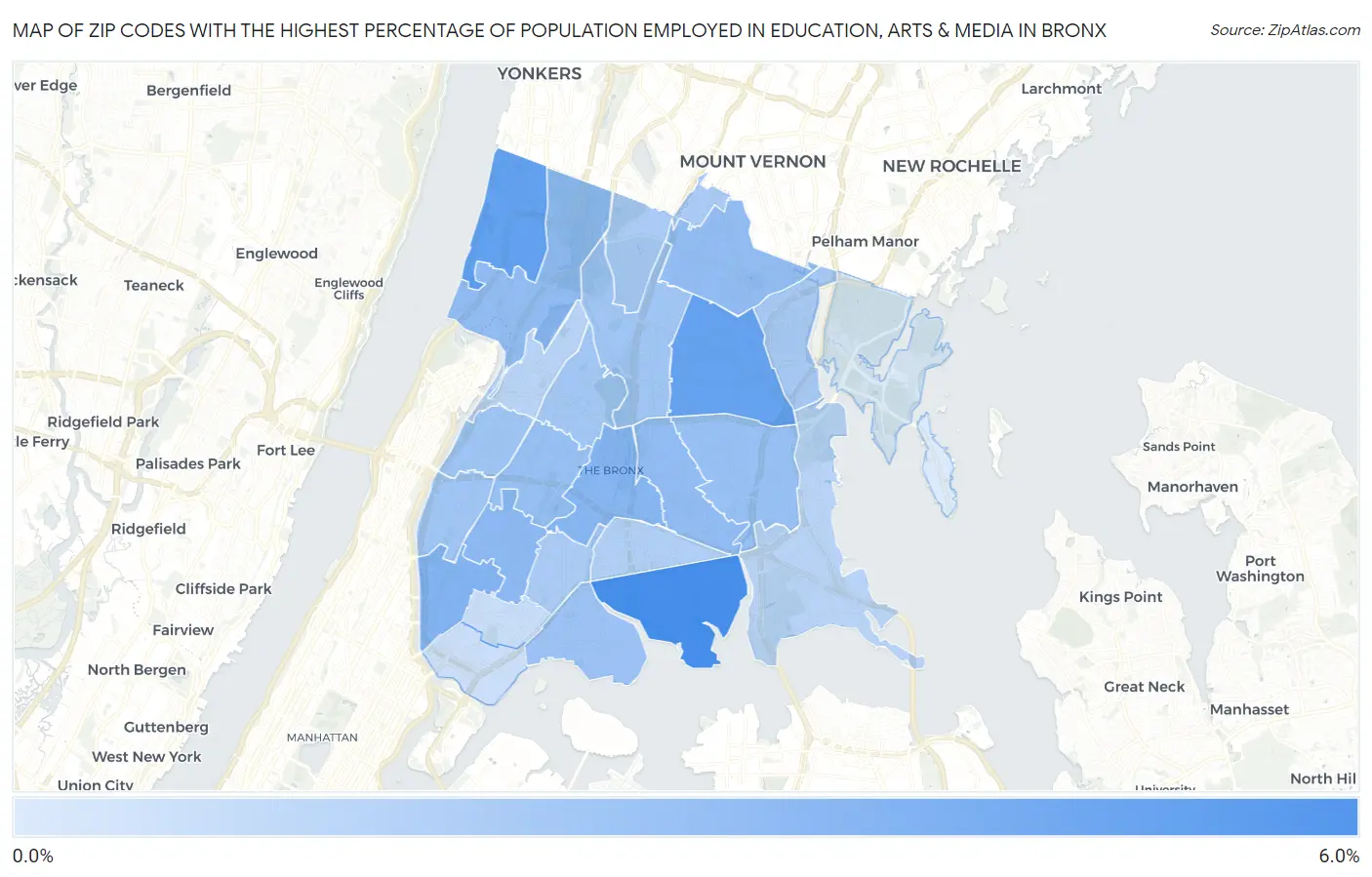 Zip Codes with the Highest Percentage of Population Employed in Education, Arts & Media in Bronx Map