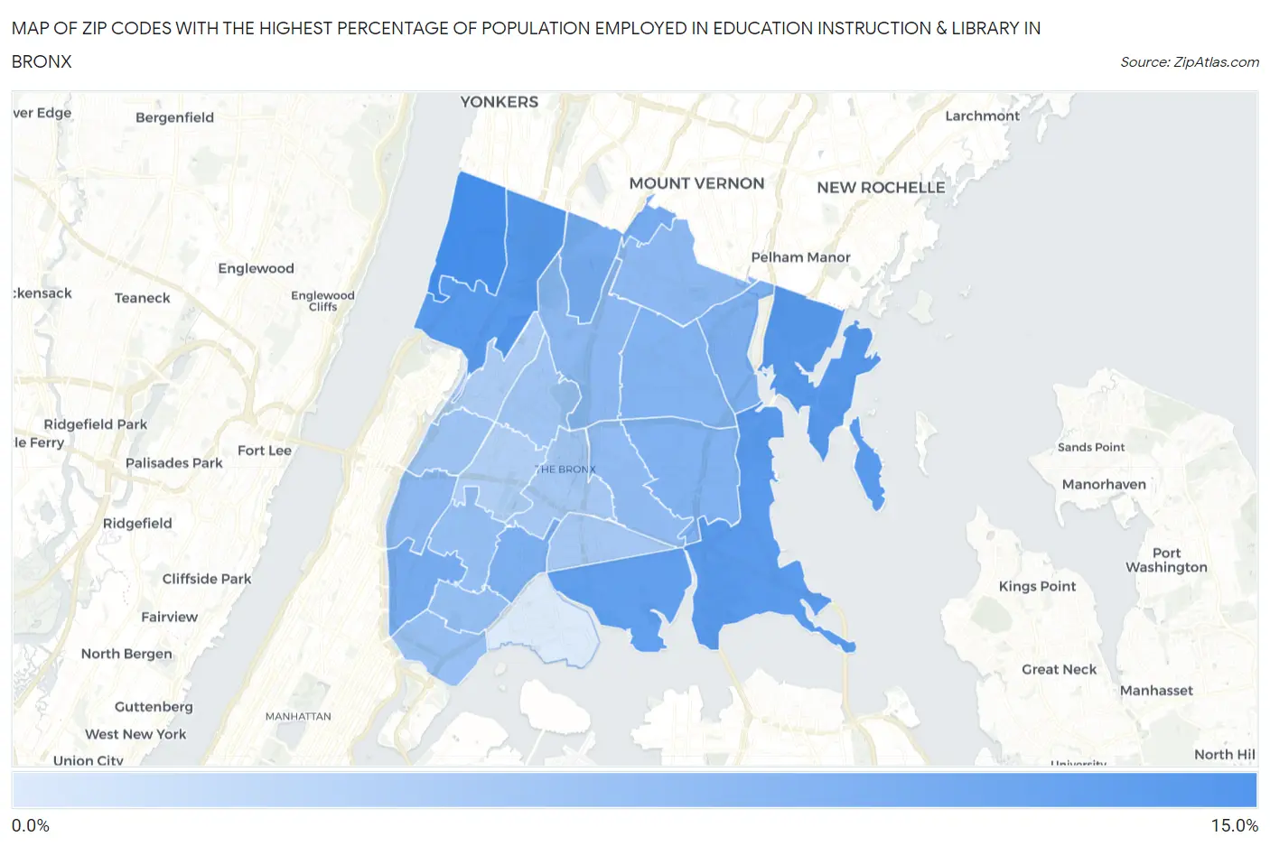 Zip Codes with the Highest Percentage of Population Employed in Education Instruction & Library in Bronx Map