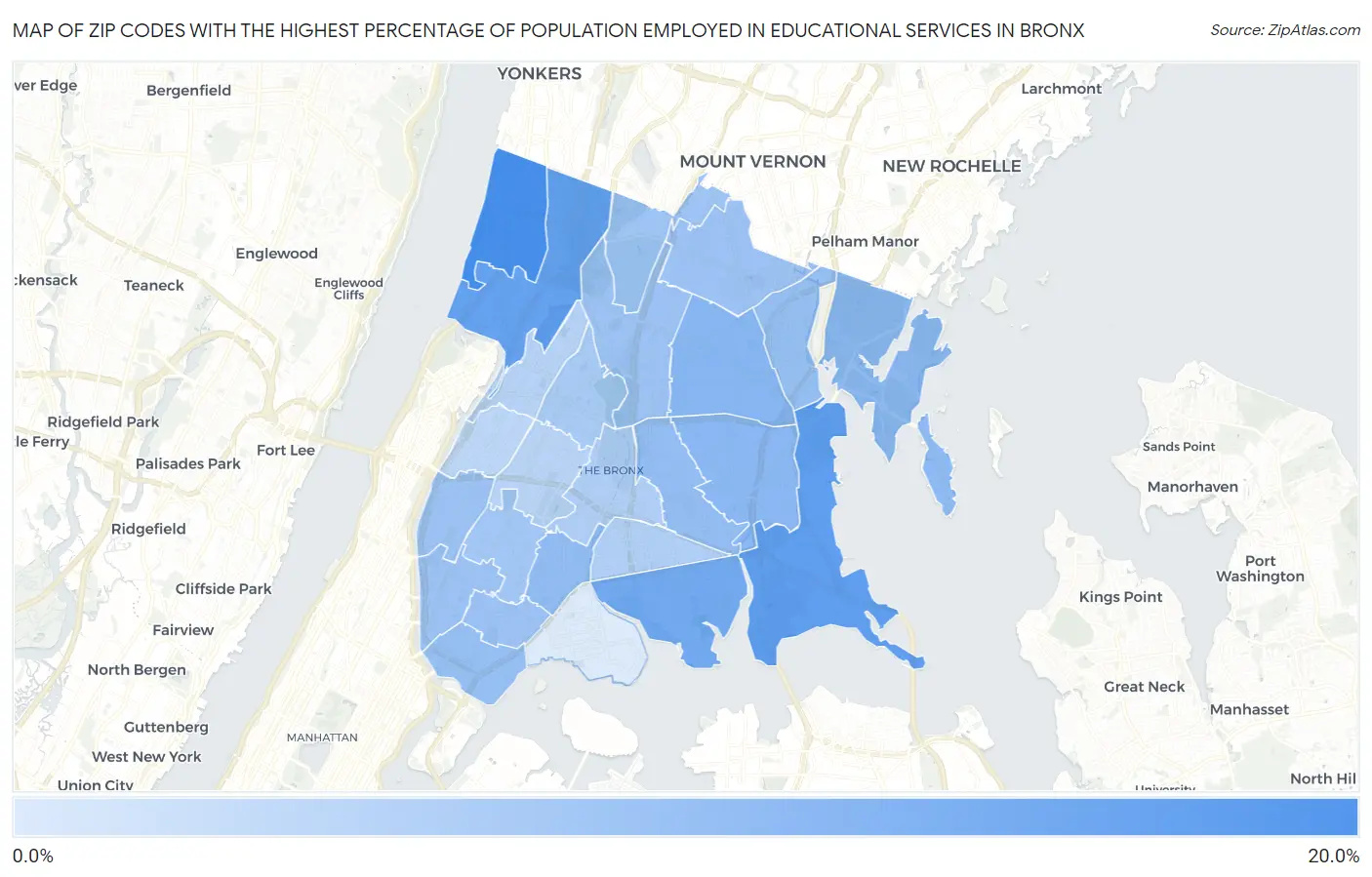 Zip Codes with the Highest Percentage of Population Employed in Educational Services in Bronx Map