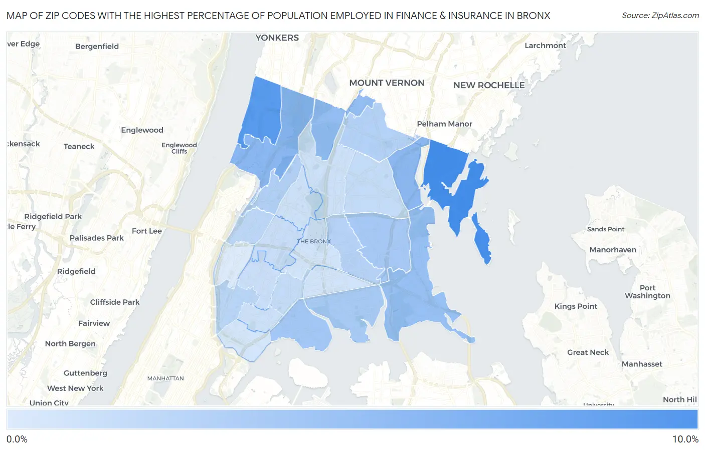 Zip Codes with the Highest Percentage of Population Employed in Finance & Insurance in Bronx Map