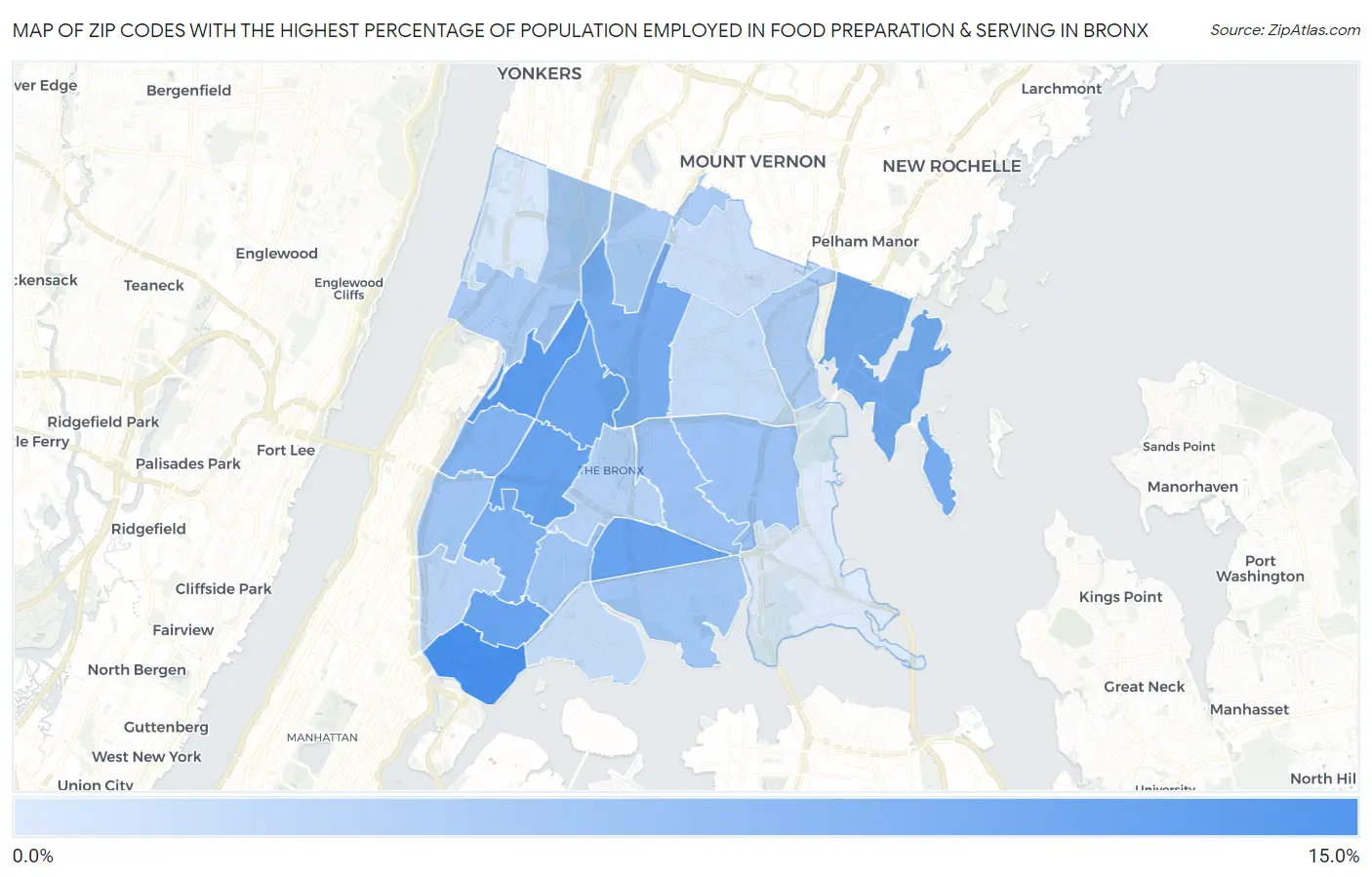 Zip Codes with the Highest Percentage of Population Employed in Food Preparation & Serving in Bronx Map