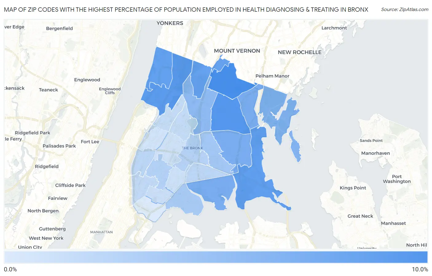Zip Codes with the Highest Percentage of Population Employed in Health Diagnosing & Treating in Bronx Map