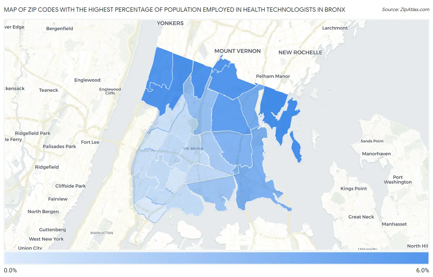 Zip Codes with the Highest Percentage of Population Employed in Health Technologists in Bronx Map