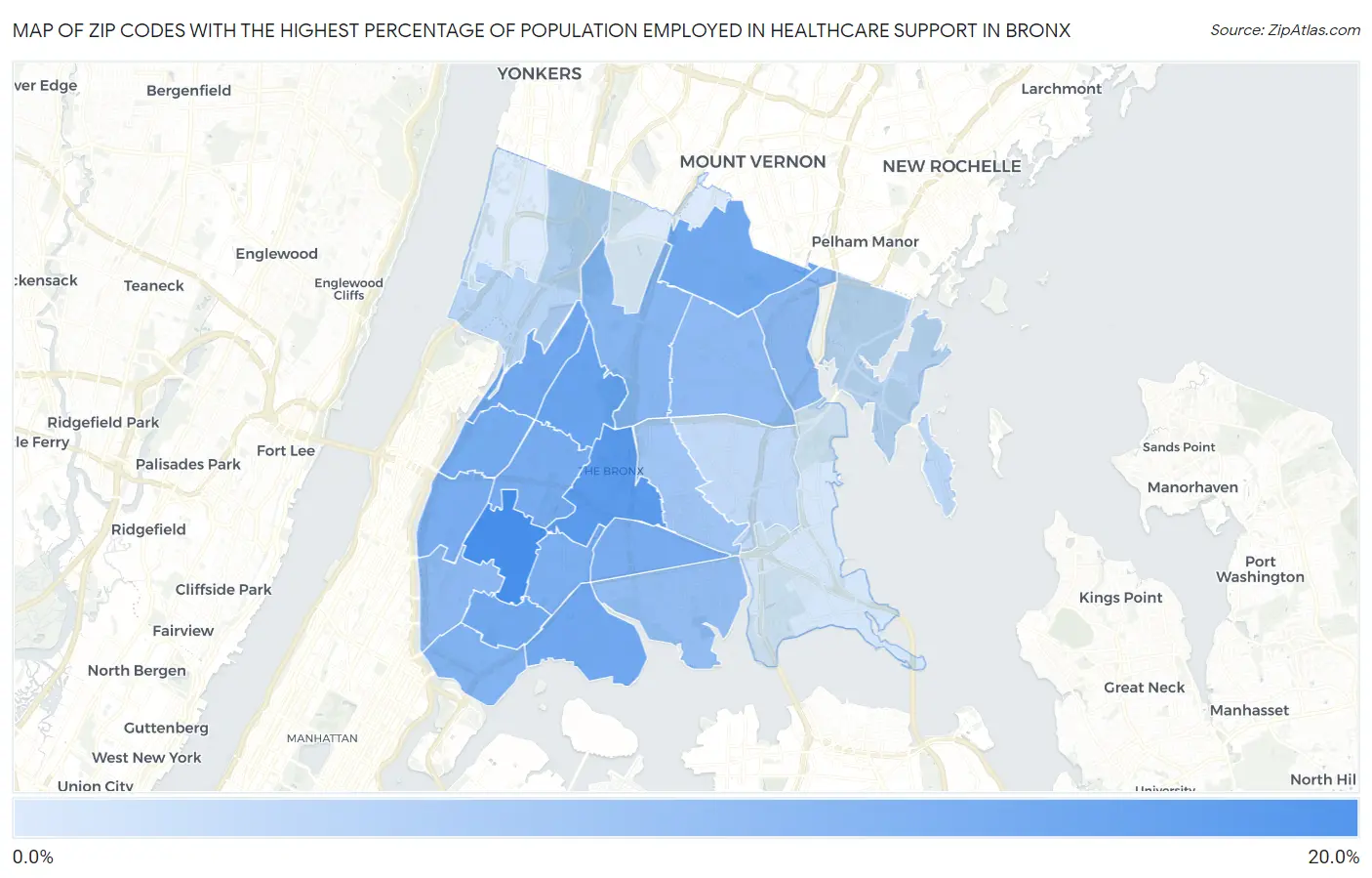 Zip Codes with the Highest Percentage of Population Employed in Healthcare Support in Bronx Map
