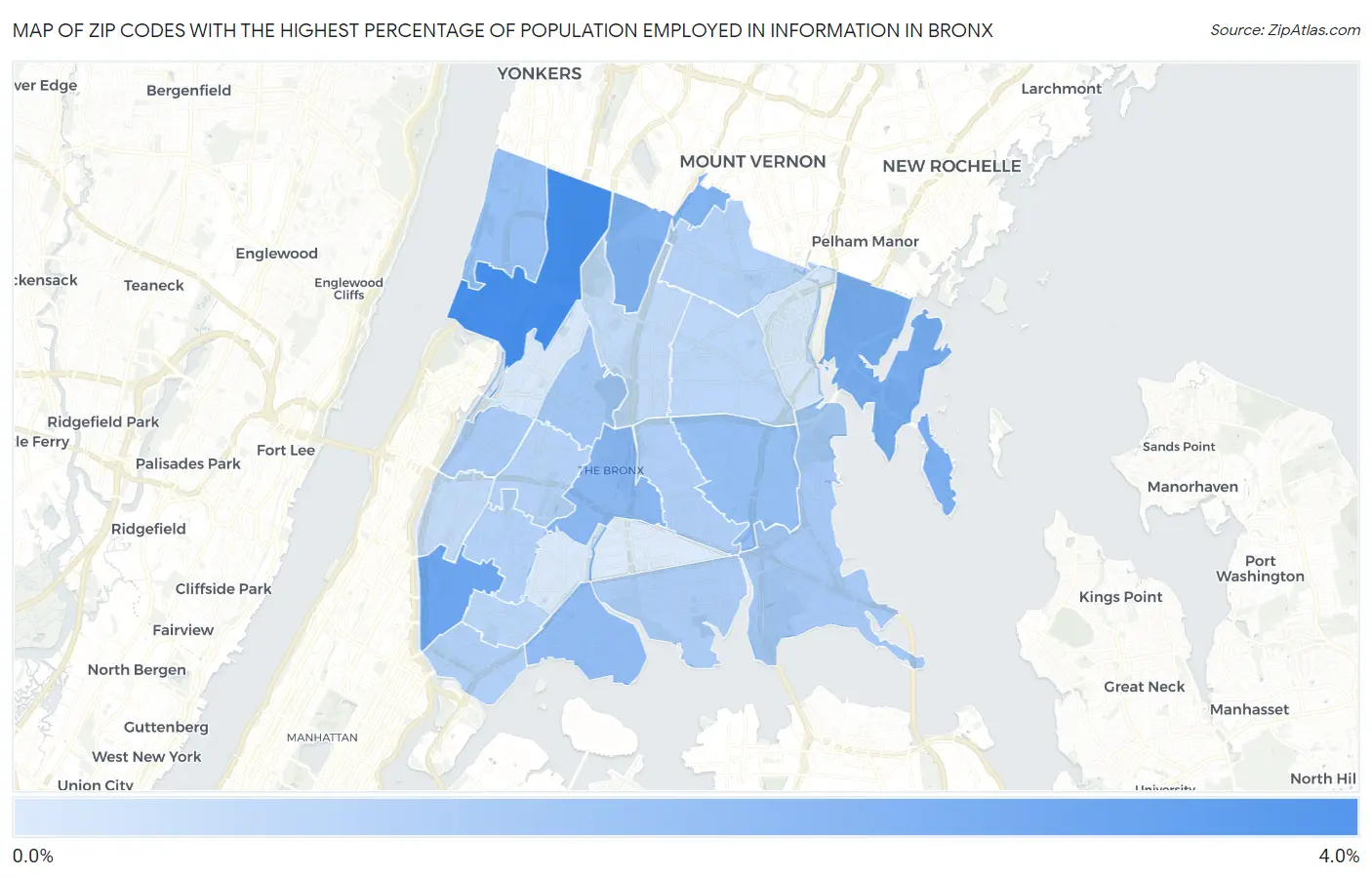 Zip Codes with the Highest Percentage of Population Employed in Information in Bronx Map