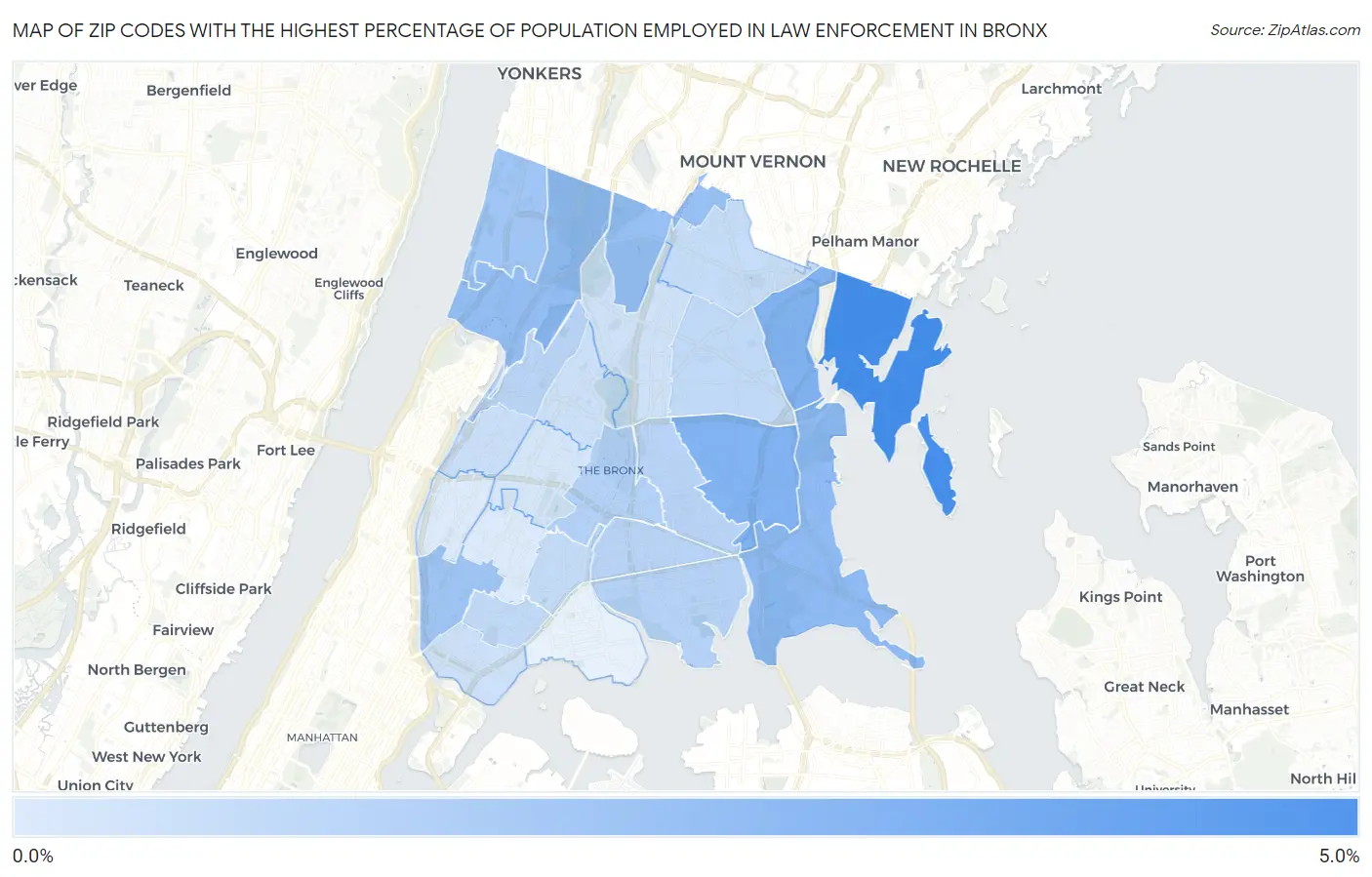 Zip Codes with the Highest Percentage of Population Employed in Law Enforcement in Bronx Map