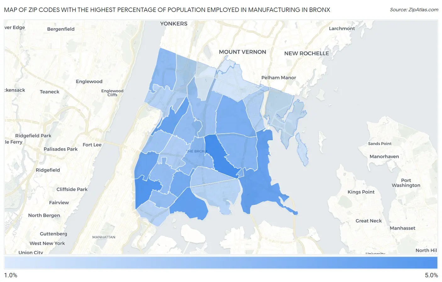 Zip Codes with the Highest Percentage of Population Employed in Manufacturing in Bronx Map