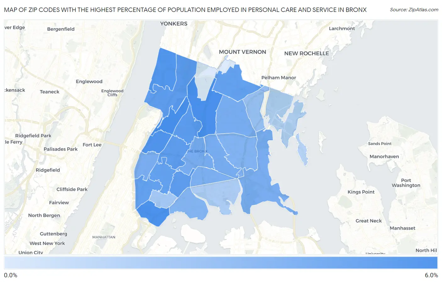 Zip Codes with the Highest Percentage of Population Employed in Personal Care and Service in Bronx Map