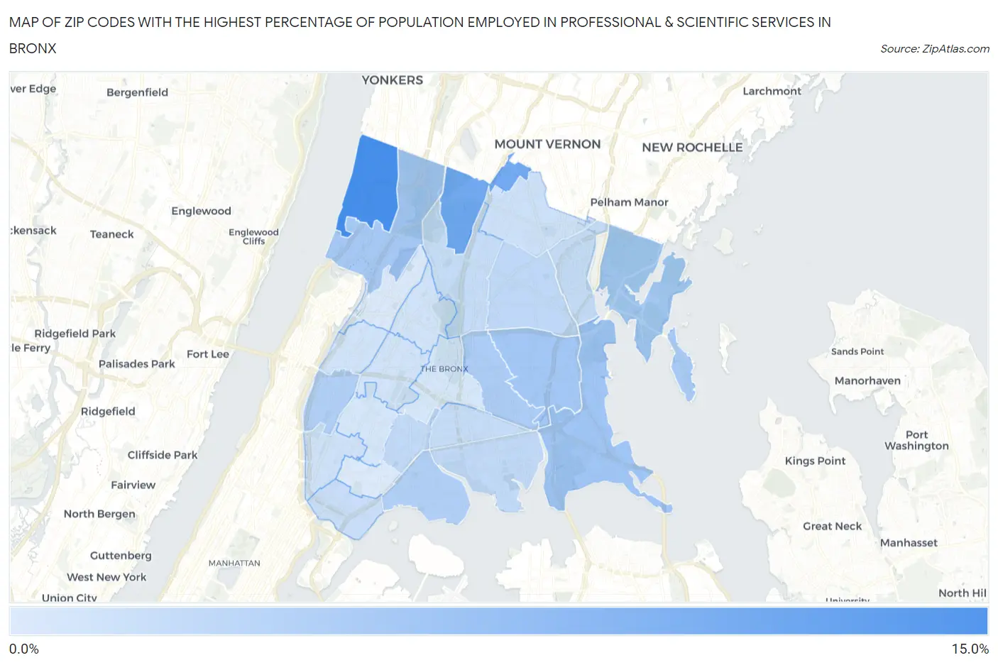 Zip Codes with the Highest Percentage of Population Employed in Professional & Scientific Services in Bronx Map