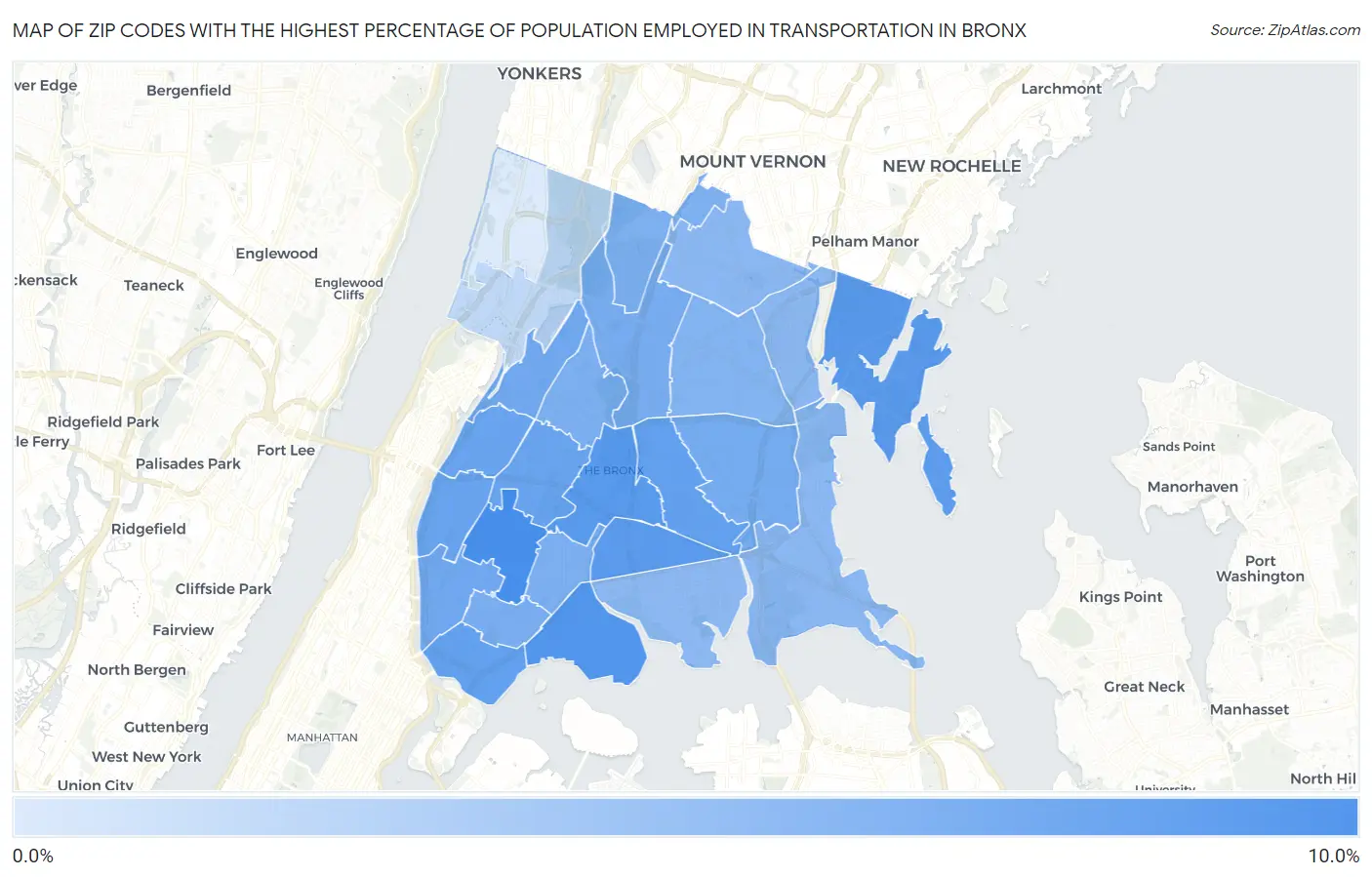 Zip Codes with the Highest Percentage of Population Employed in Transportation in Bronx Map