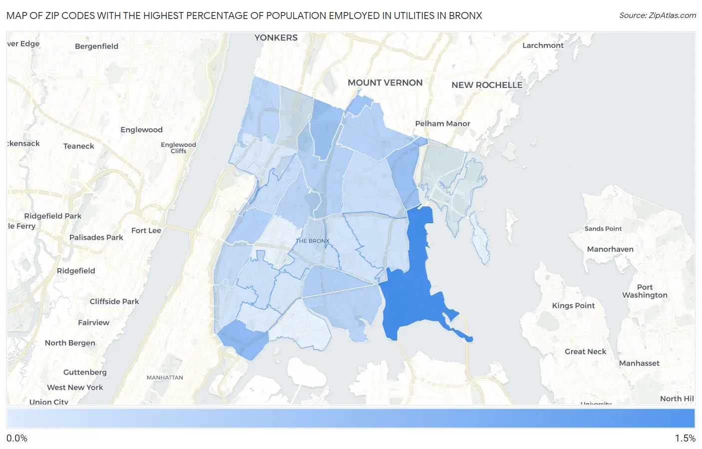 Zip Codes with the Highest Percentage of Population Employed in Utilities in Bronx Map