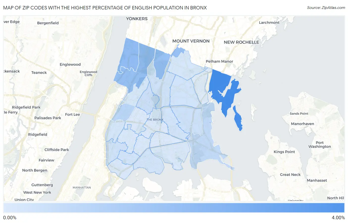 Zip Codes with the Highest Percentage of English Population in Bronx Map
