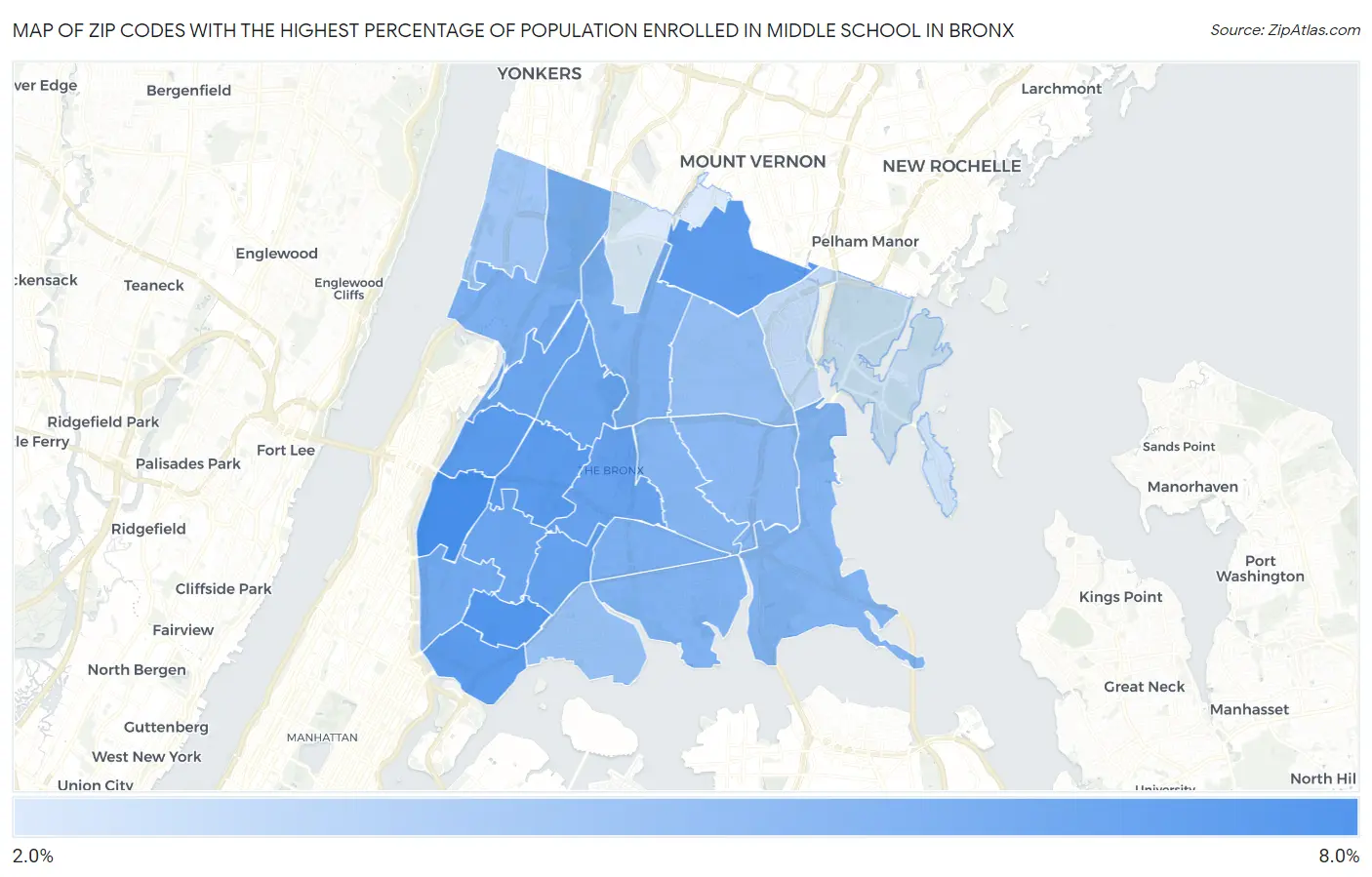 Zip Codes with the Highest Percentage of Population Enrolled in Middle School in Bronx Map