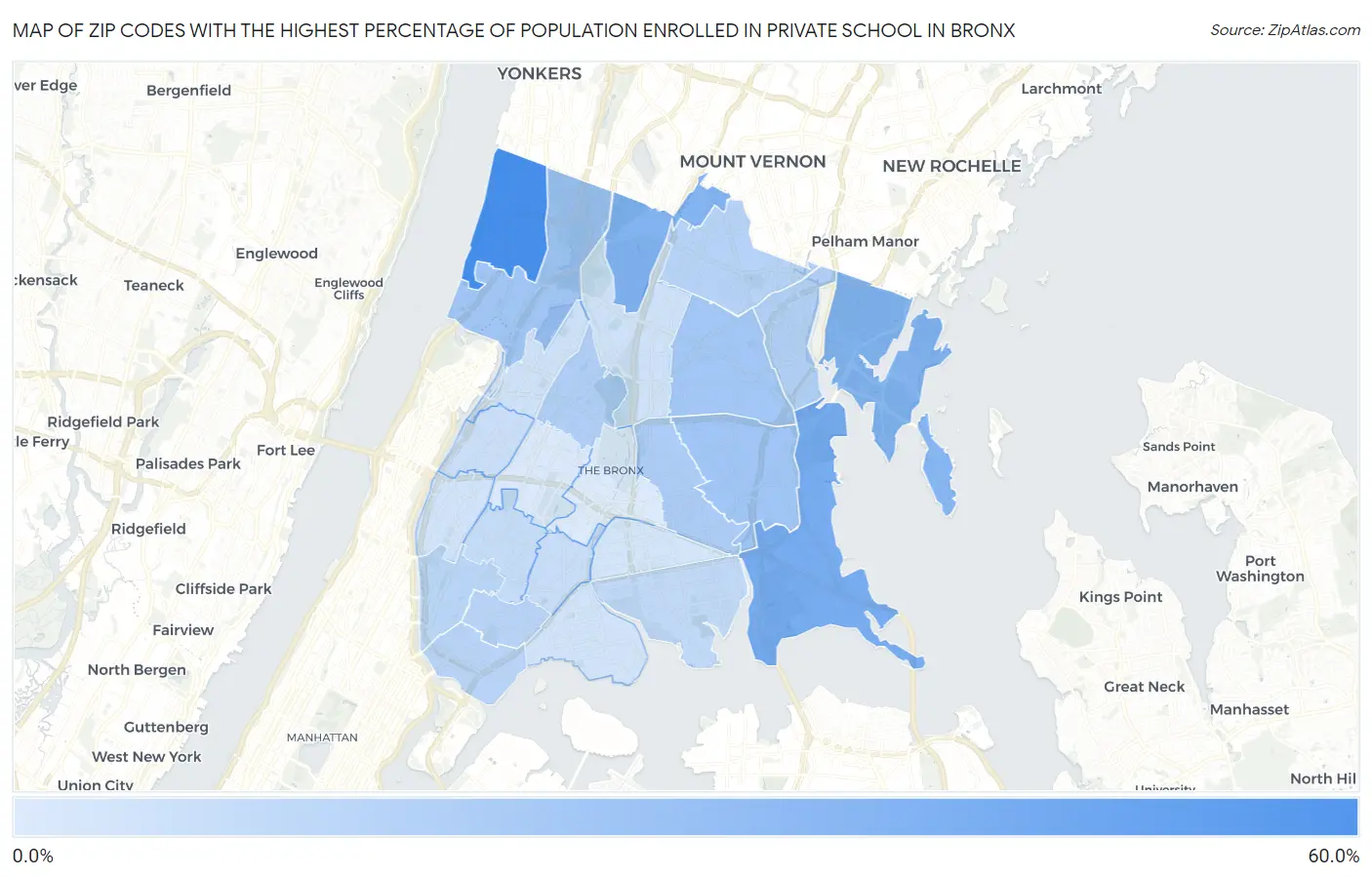 Zip Codes with the Highest Percentage of Population Enrolled in Private School in Bronx Map