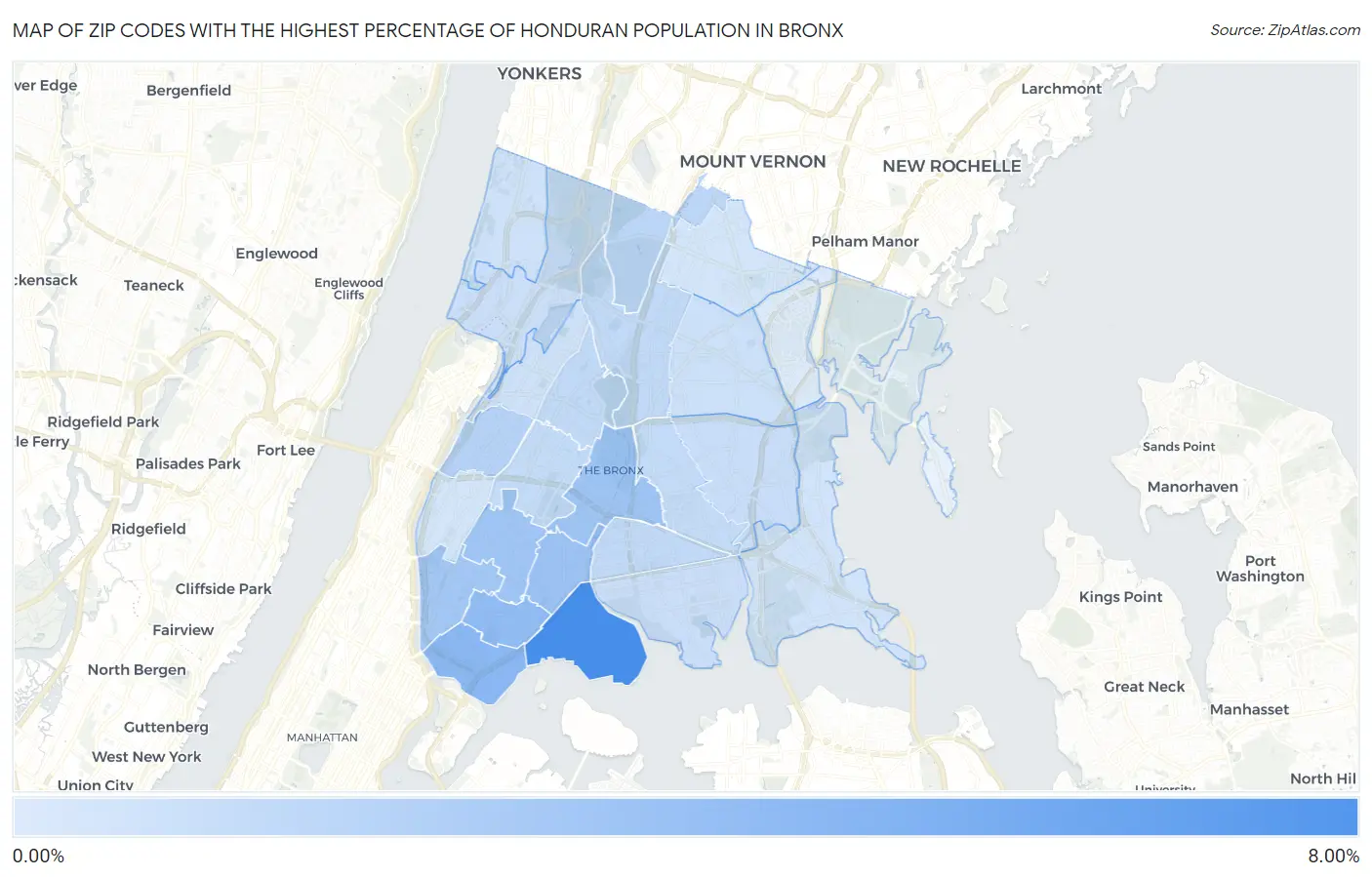 Zip Codes with the Highest Percentage of Honduran Population in Bronx Map