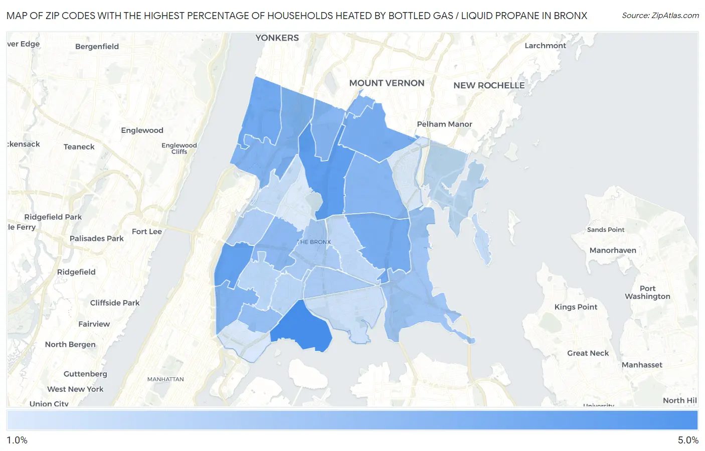 Zip Codes with the Highest Percentage of Households Heated by Bottled Gas / Liquid Propane in Bronx Map