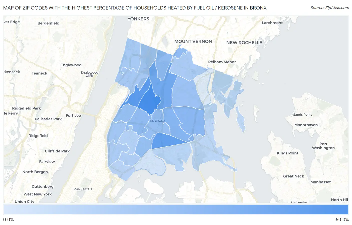 Zip Codes with the Highest Percentage of Households Heated by Fuel Oil / Kerosene in Bronx Map