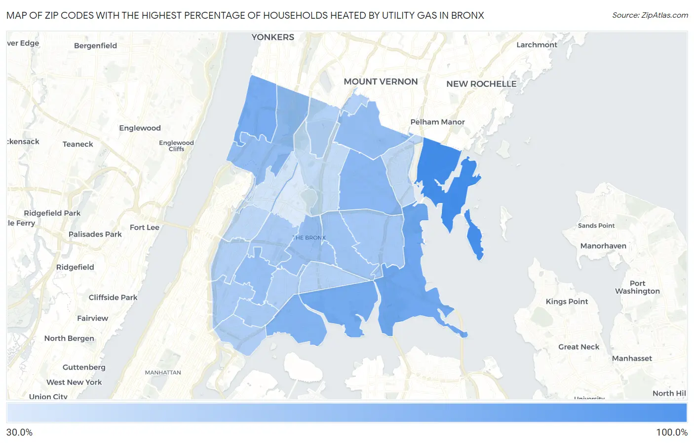 Zip Codes with the Highest Percentage of Households Heated by Utility Gas in Bronx Map