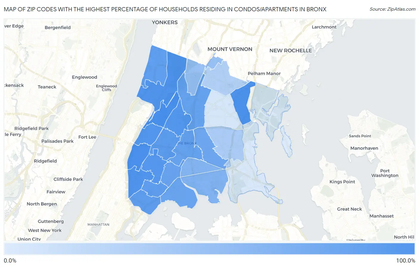 Zip Codes with the Highest Percentage of Households Residing in Condos/Apartments in Bronx Map