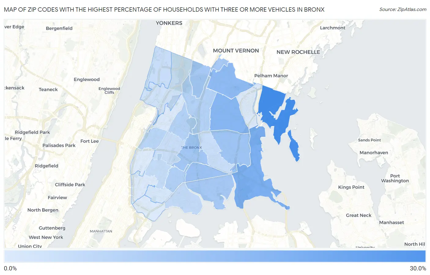 Zip Codes with the Highest Percentage of Households With Three or more Vehicles in Bronx Map