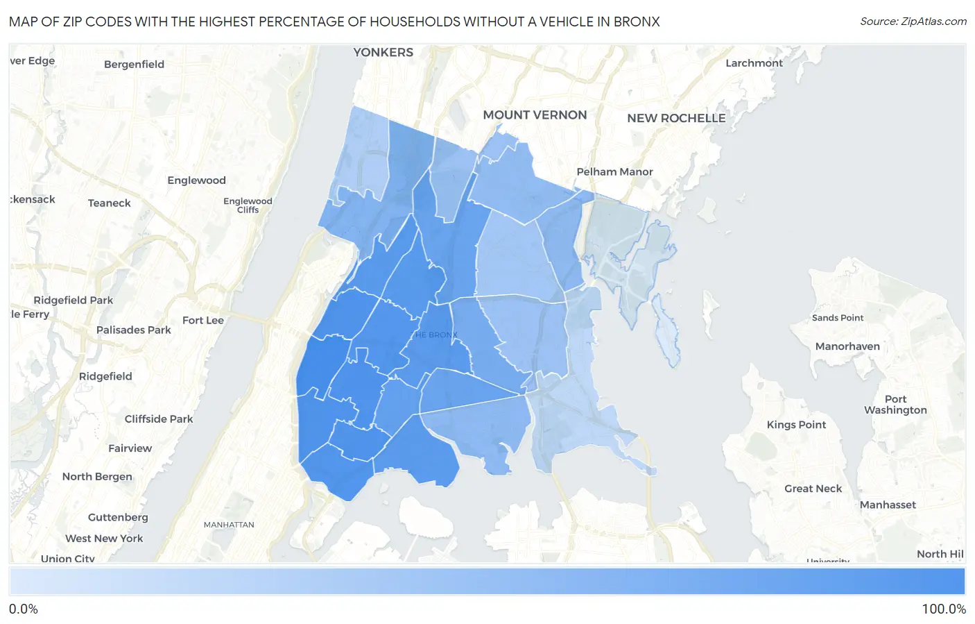 Zip Codes with the Highest Percentage of Households Without a Vehicle in Bronx Map