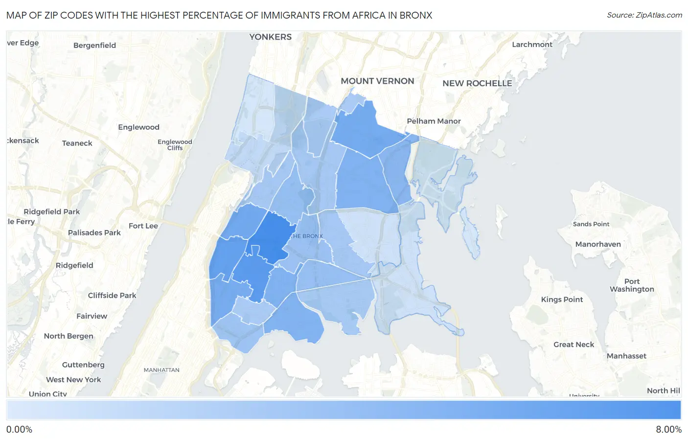 Zip Codes with the Highest Percentage of Immigrants from Africa in Bronx Map