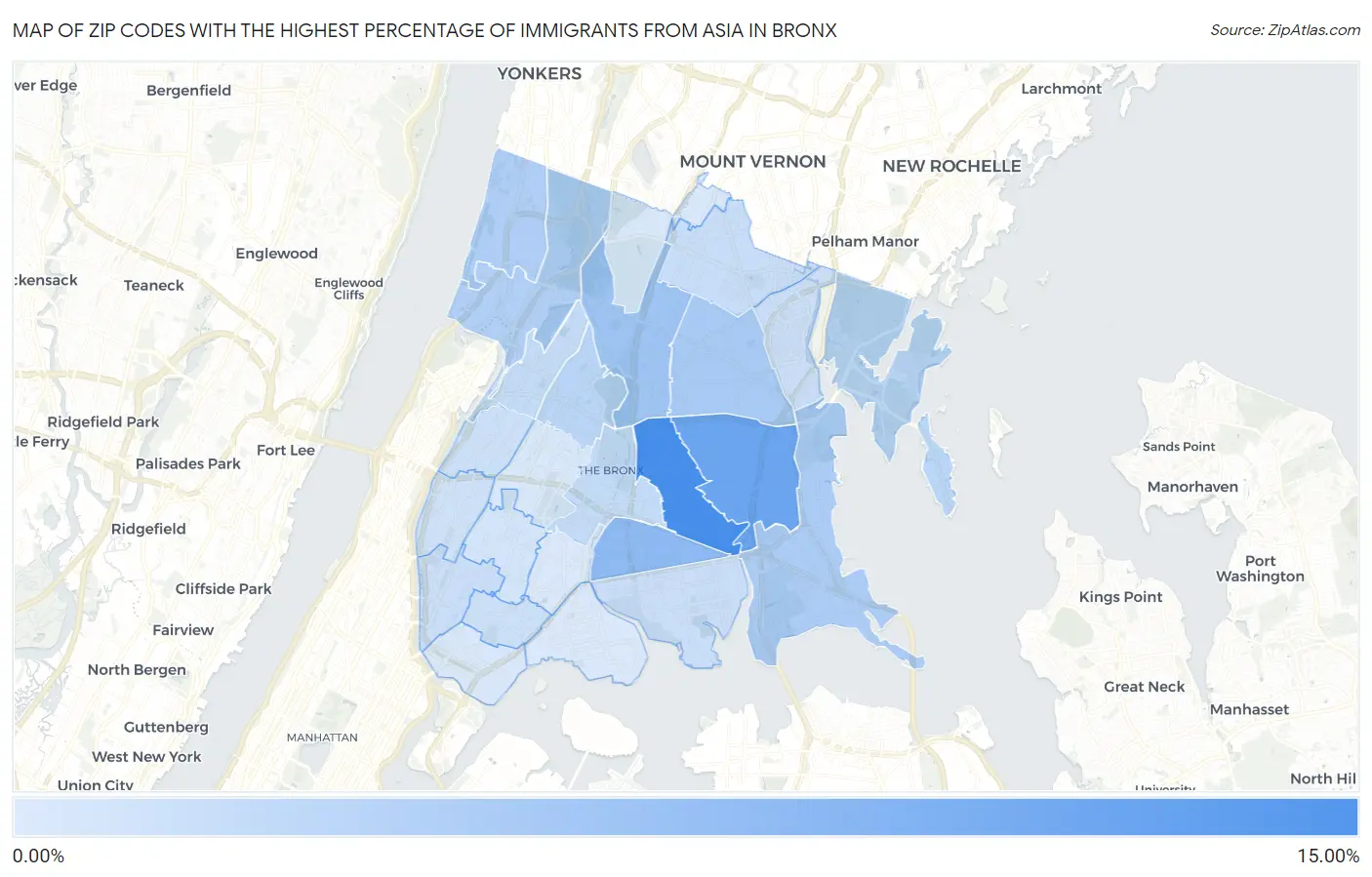 Zip Codes with the Highest Percentage of Immigrants from Asia in Bronx Map