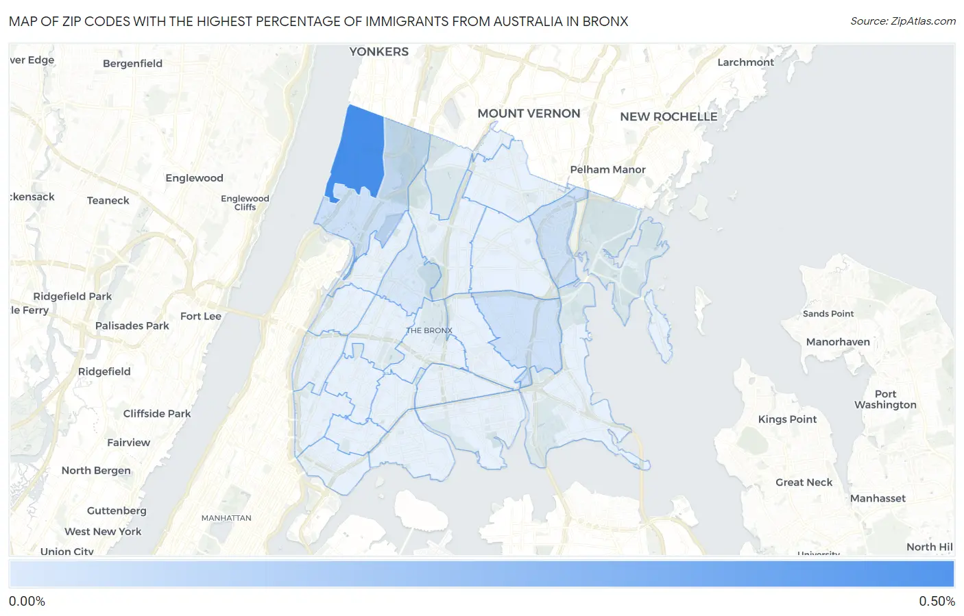 Zip Codes with the Highest Percentage of Immigrants from Australia in Bronx Map
