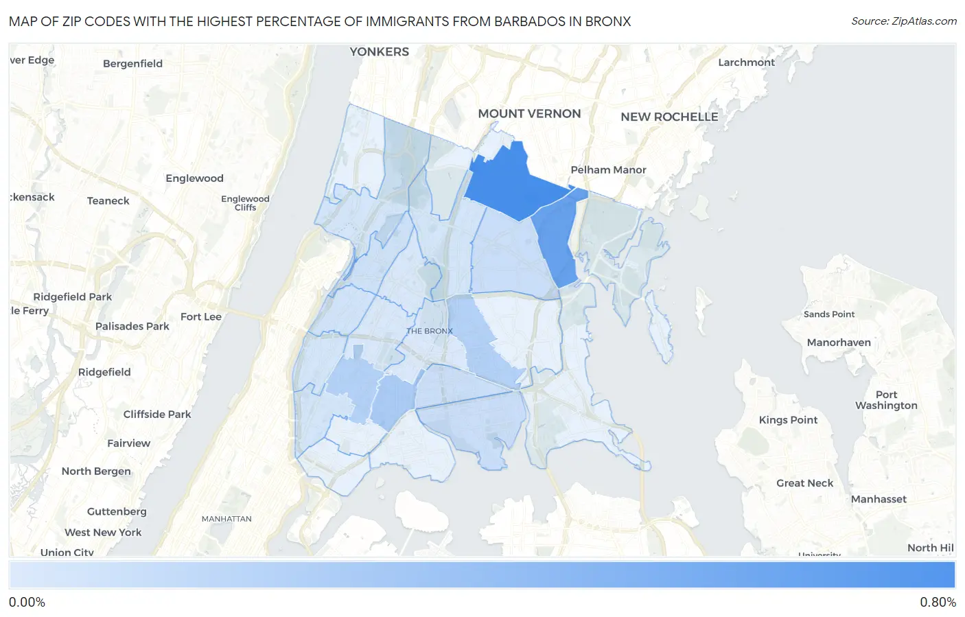 Zip Codes with the Highest Percentage of Immigrants from Barbados in Bronx Map