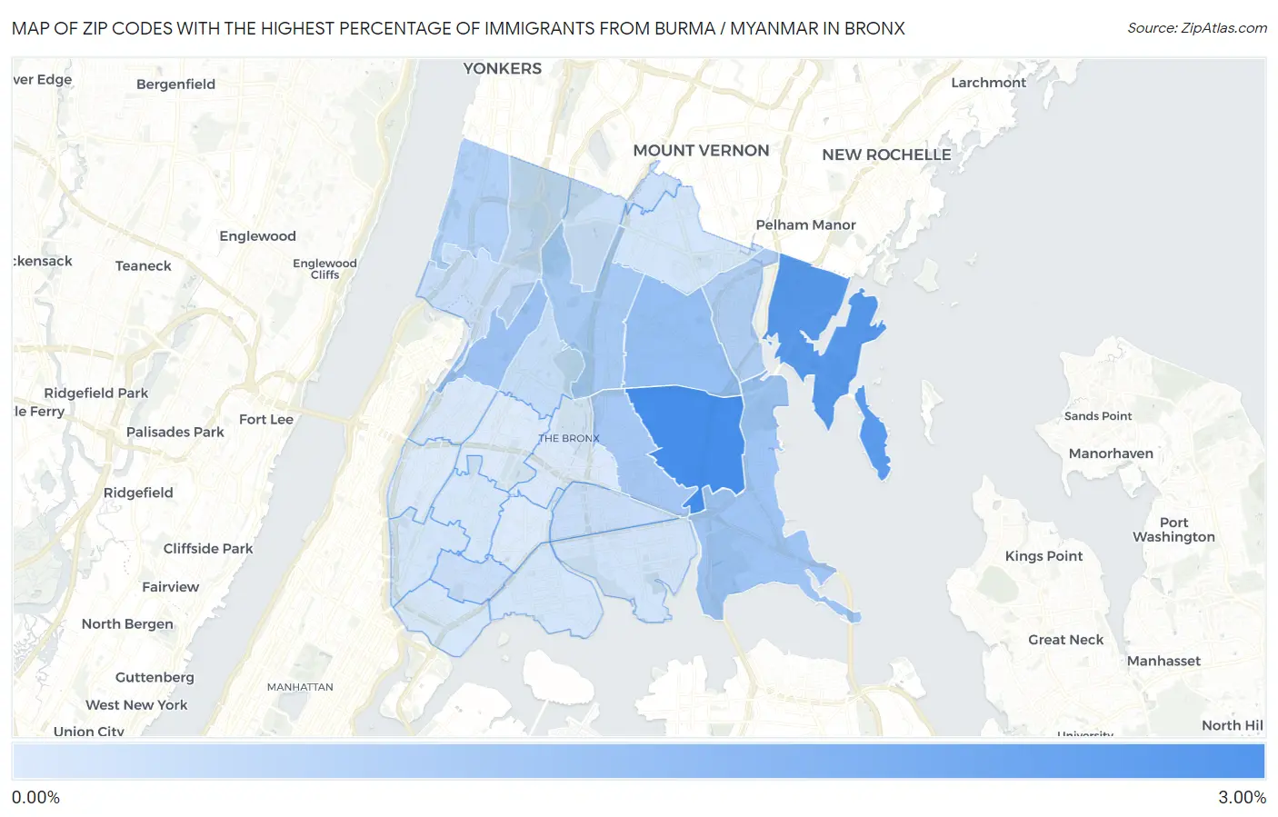 Zip Codes with the Highest Percentage of Immigrants from Burma / Myanmar in Bronx Map