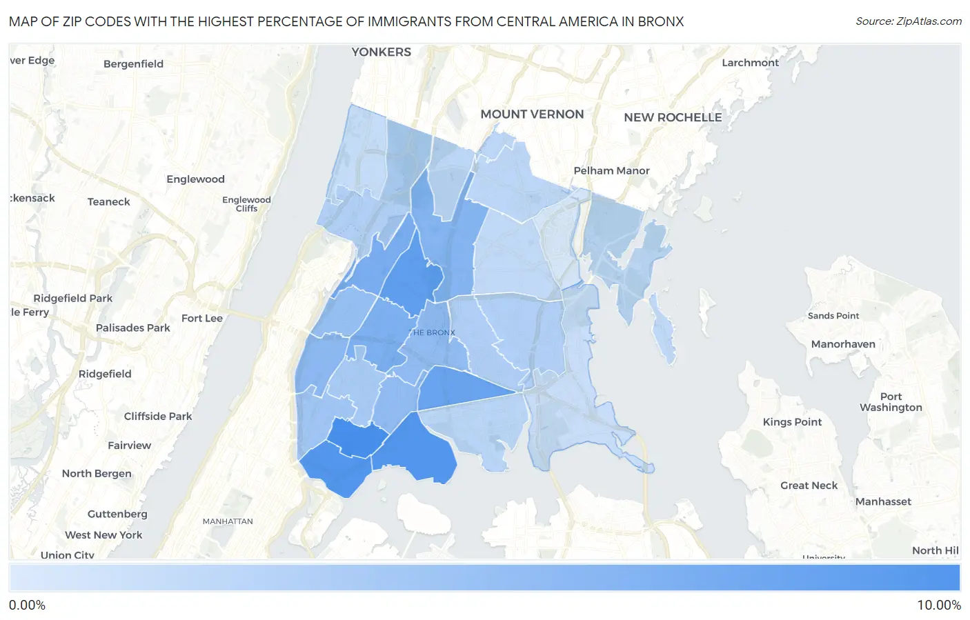 Zip Codes with the Highest Percentage of Immigrants from Central America in Bronx Map