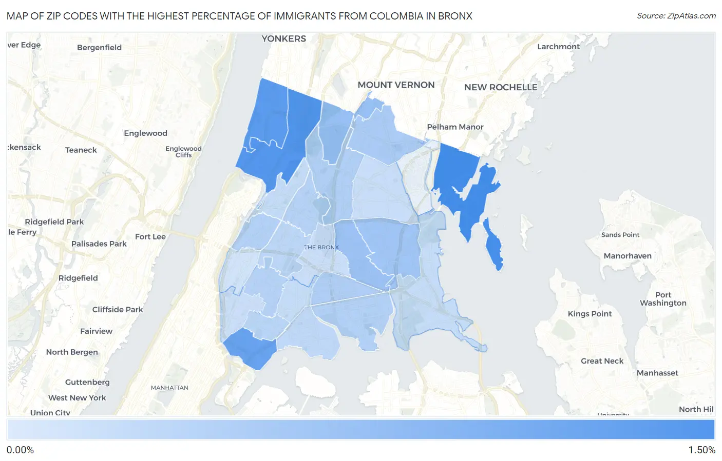 Zip Codes with the Highest Percentage of Immigrants from Colombia in Bronx Map