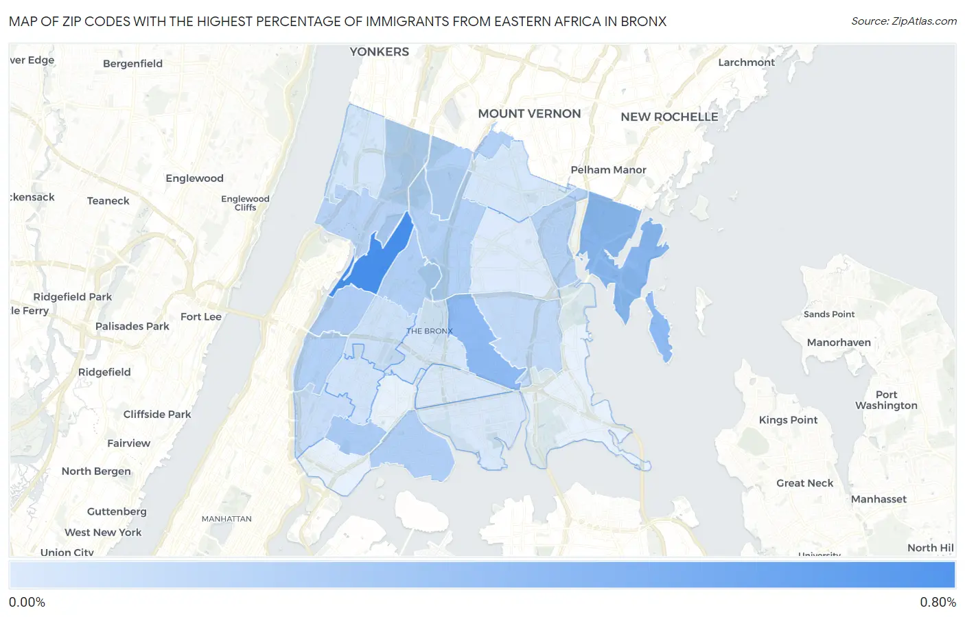 Zip Codes with the Highest Percentage of Immigrants from Eastern Africa in Bronx Map