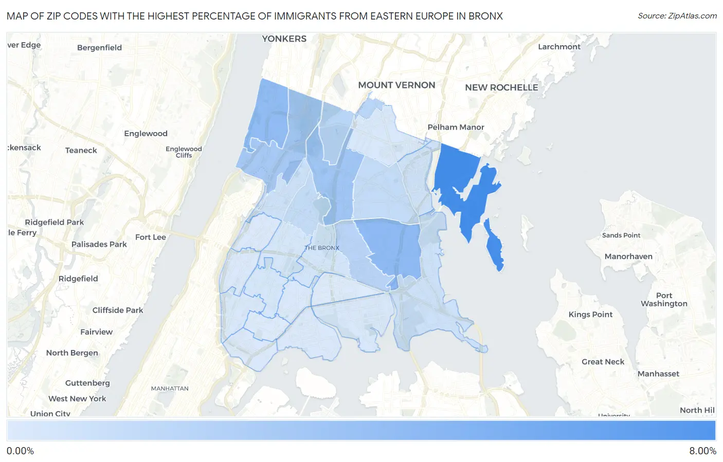 Zip Codes with the Highest Percentage of Immigrants from Eastern Europe in Bronx Map