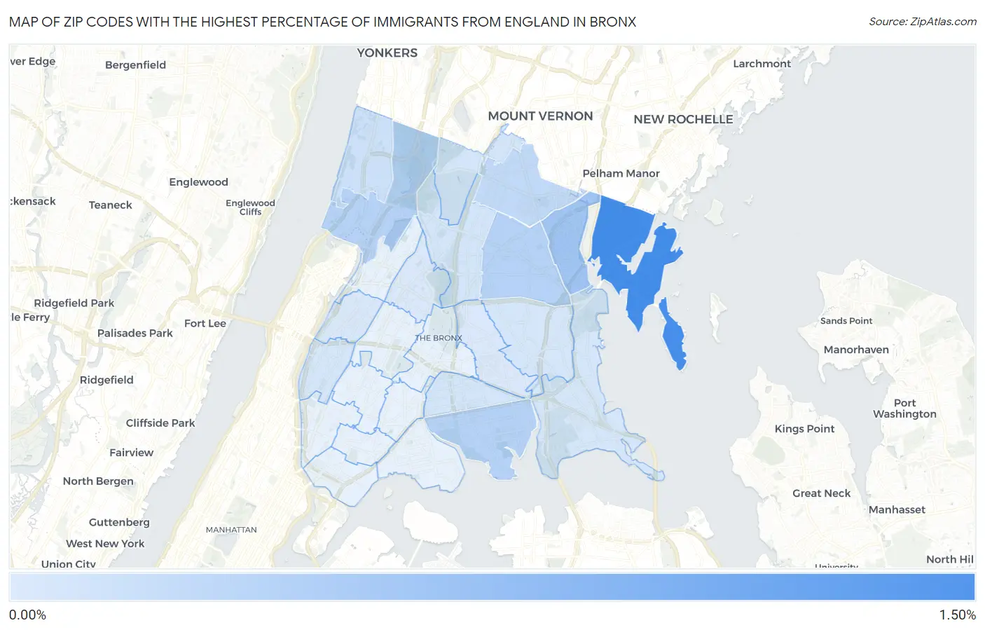 Zip Codes with the Highest Percentage of Immigrants from England in Bronx Map