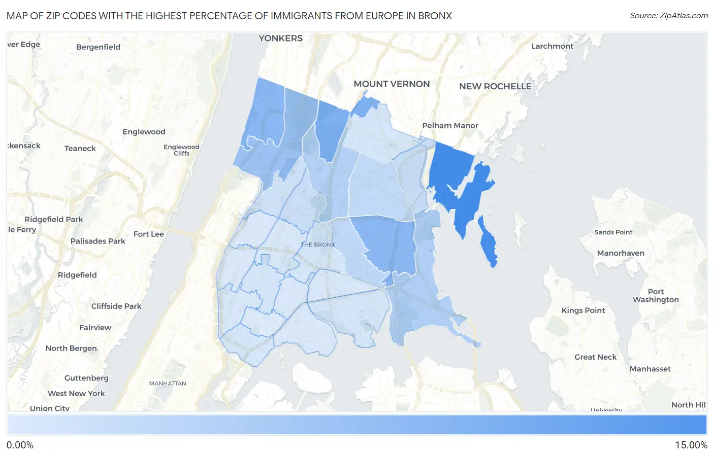 Zip Codes with the Highest Percentage of Immigrants from Europe in Bronx Map