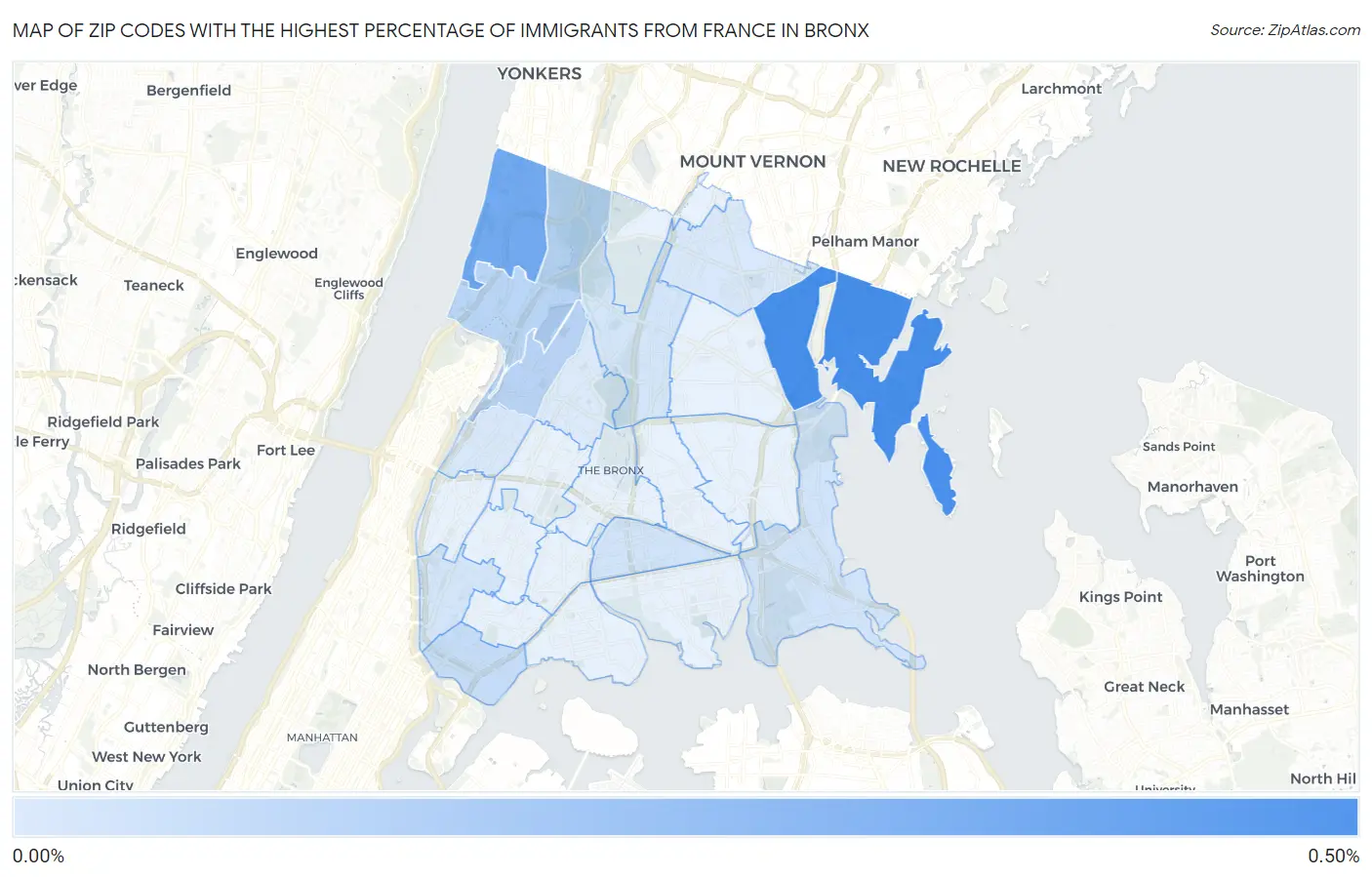 Zip Codes with the Highest Percentage of Immigrants from France in Bronx Map