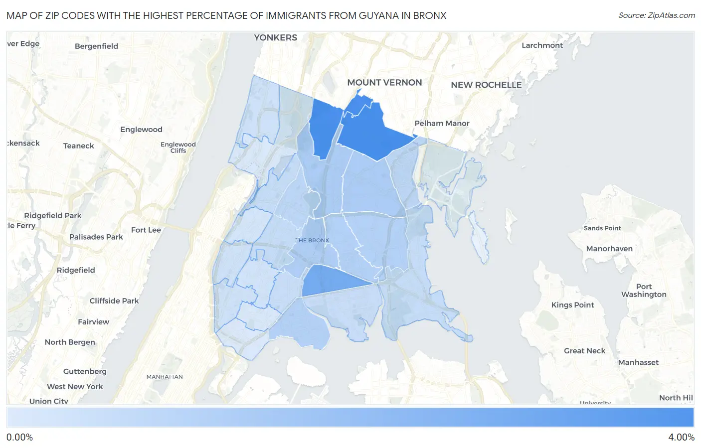 Zip Codes with the Highest Percentage of Immigrants from Guyana in Bronx Map