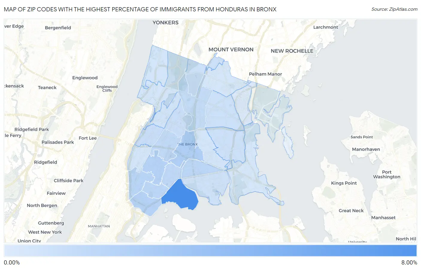 Zip Codes with the Highest Percentage of Immigrants from Honduras in Bronx Map