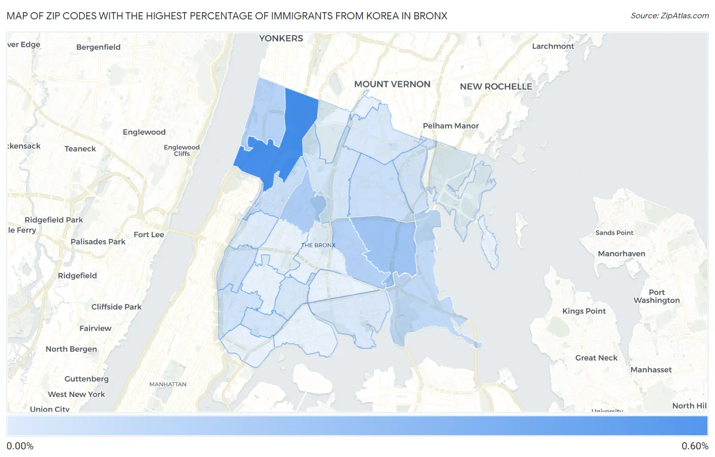 Zip Codes with the Highest Percentage of Immigrants from Korea in Bronx Map