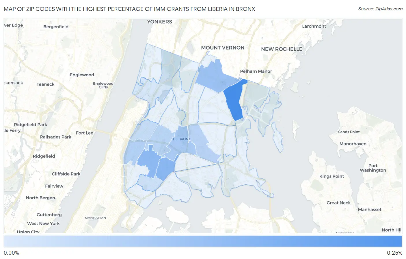 Zip Codes with the Highest Percentage of Immigrants from Liberia in Bronx Map