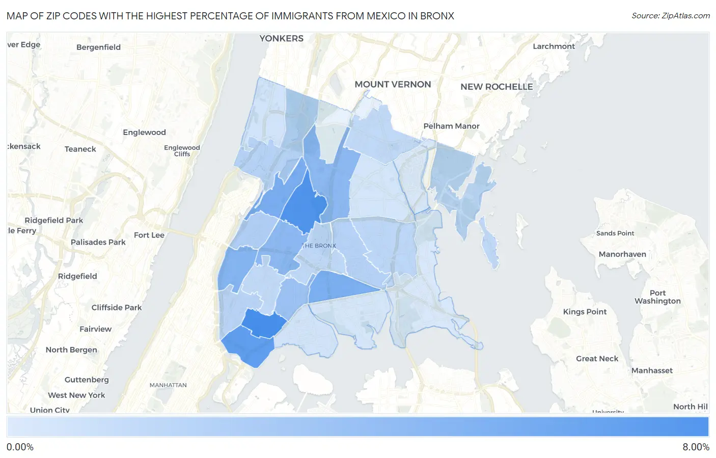 Zip Codes with the Highest Percentage of Immigrants from Mexico in Bronx Map