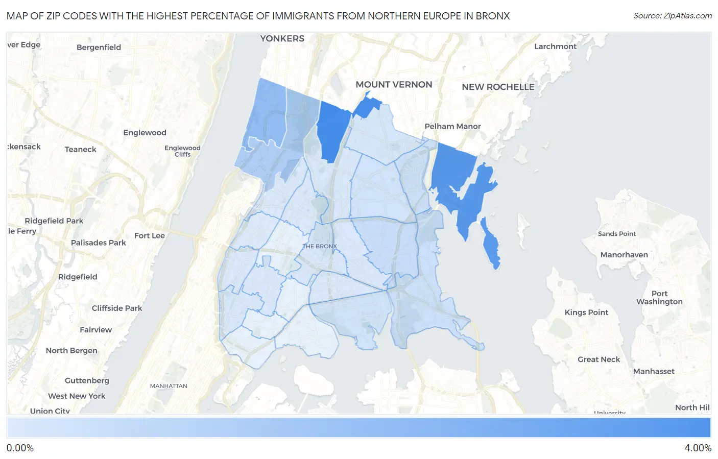 Zip Codes with the Highest Percentage of Immigrants from Northern Europe in Bronx Map