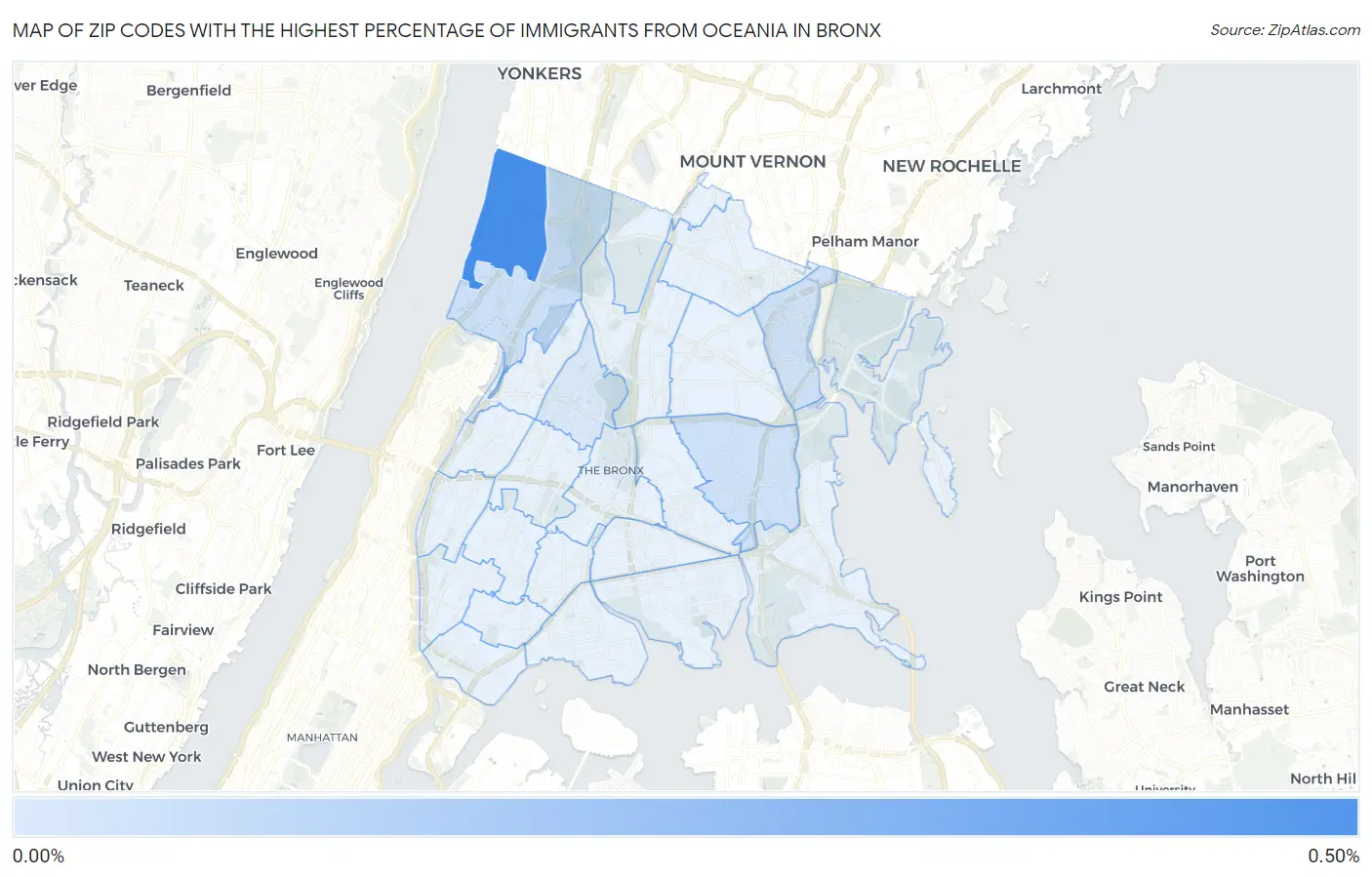 Zip Codes with the Highest Percentage of Immigrants from Oceania in Bronx Map
