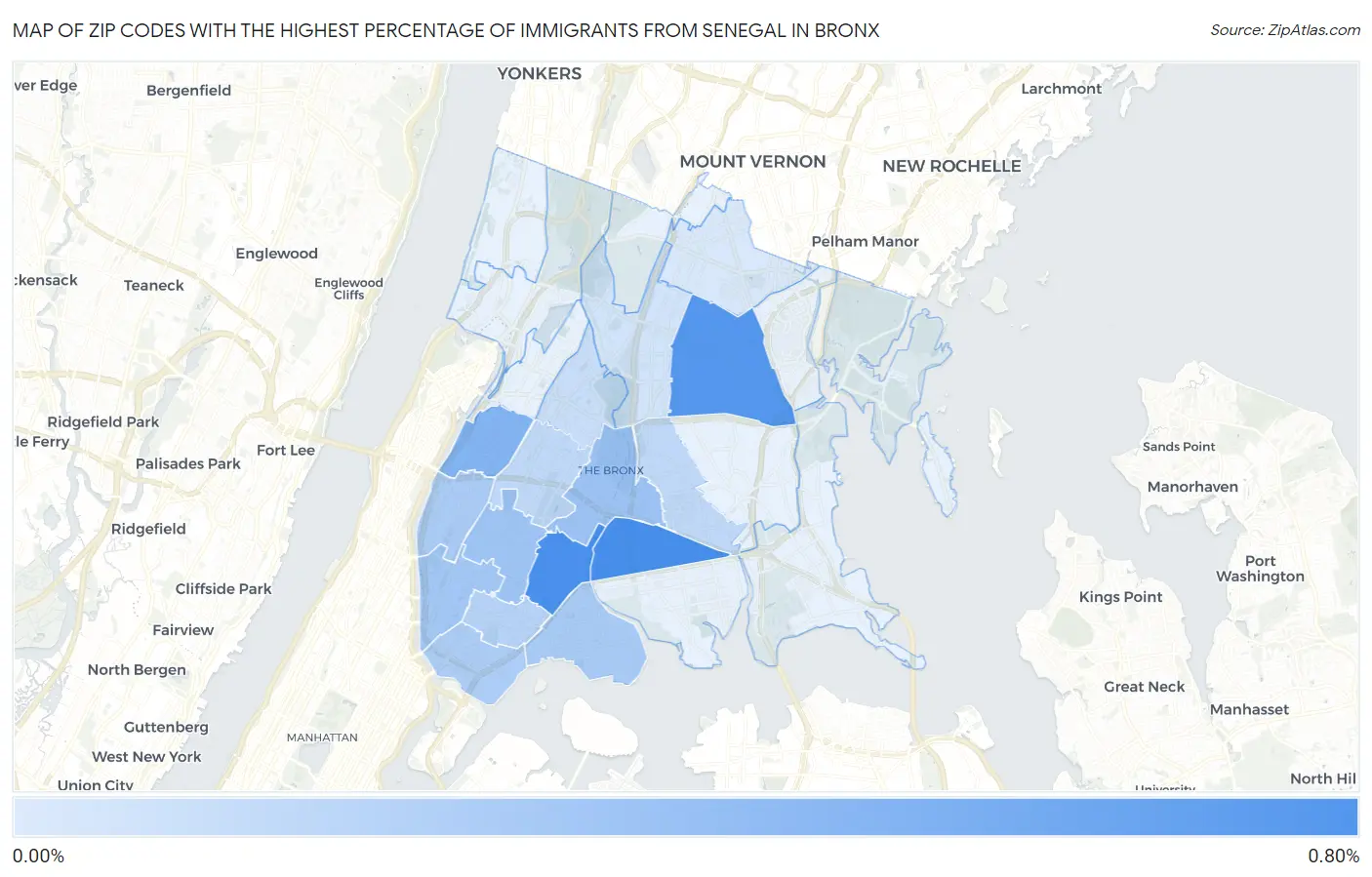 Zip Codes with the Highest Percentage of Immigrants from Senegal in Bronx Map