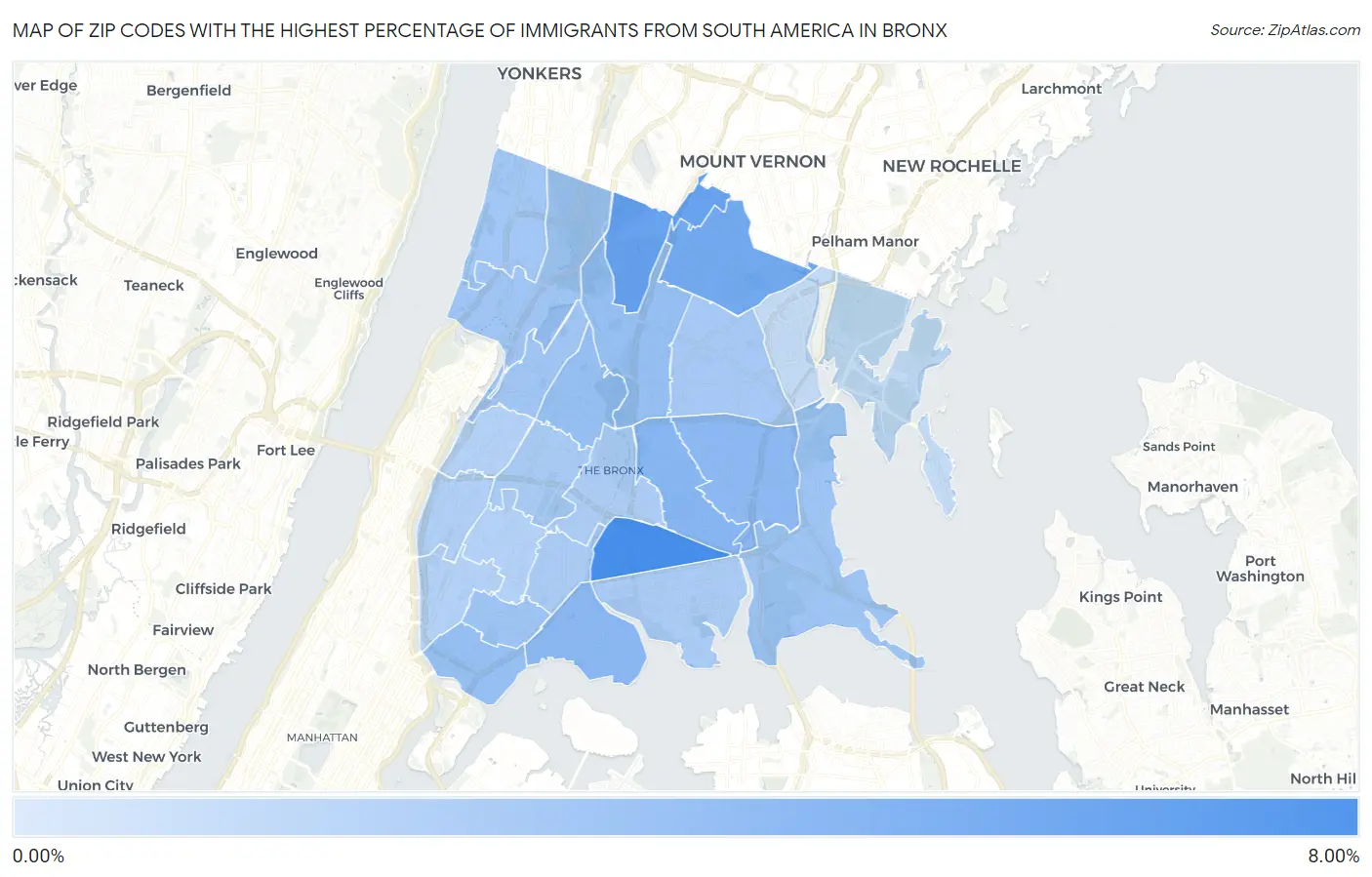 Zip Codes with the Highest Percentage of Immigrants from South America in Bronx Map