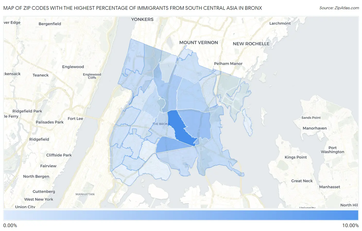 Zip Codes with the Highest Percentage of Immigrants from South Central Asia in Bronx Map