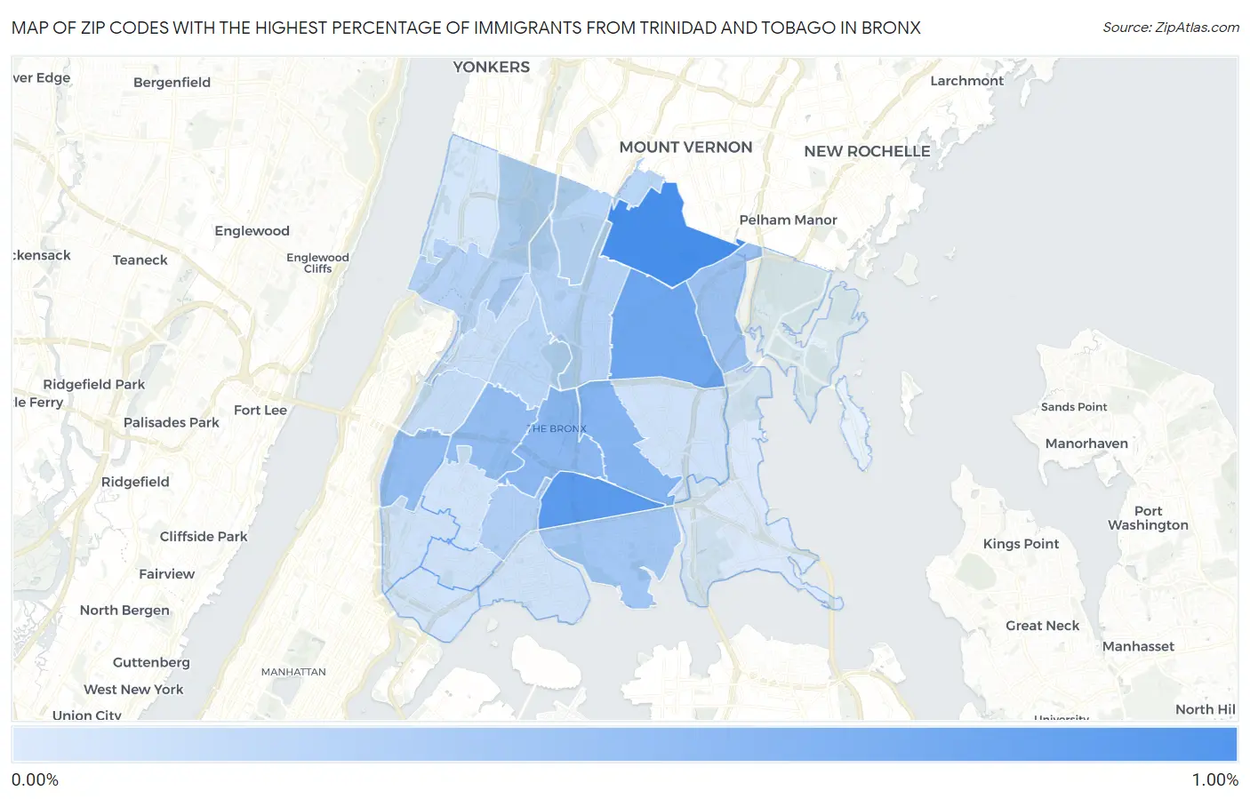 Zip Codes with the Highest Percentage of Immigrants from Trinidad and Tobago in Bronx Map