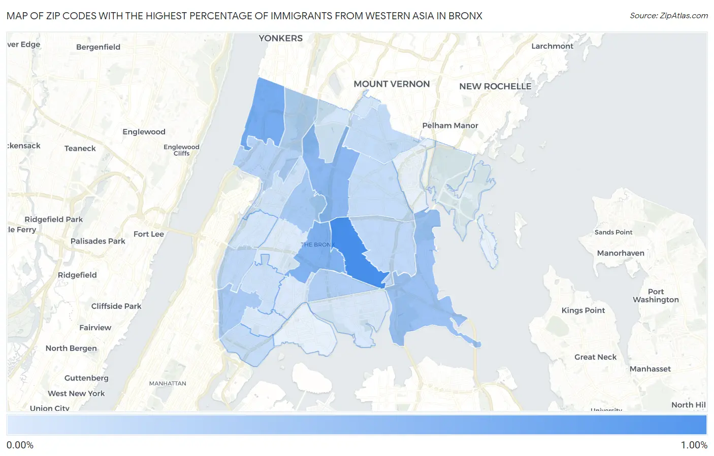 Zip Codes with the Highest Percentage of Immigrants from Western Asia in Bronx Map