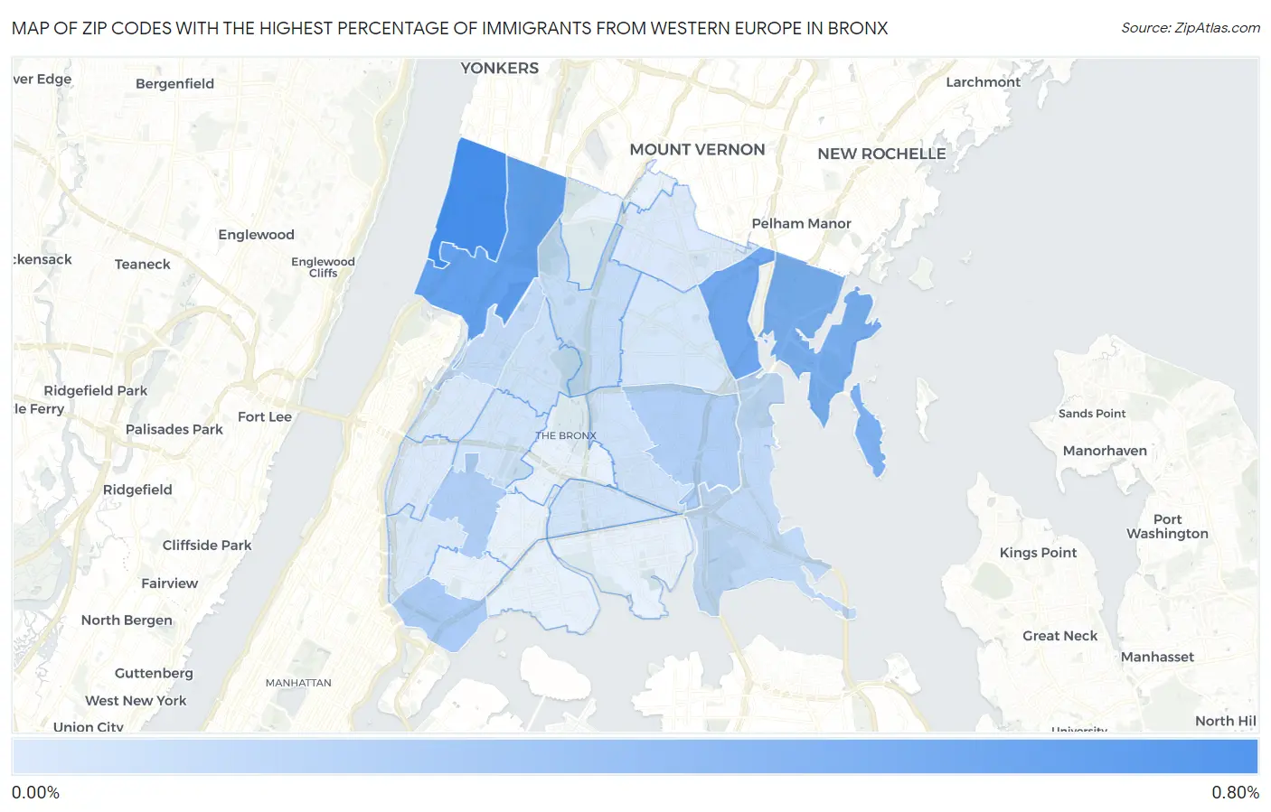 Zip Codes with the Highest Percentage of Immigrants from Western Europe in Bronx Map